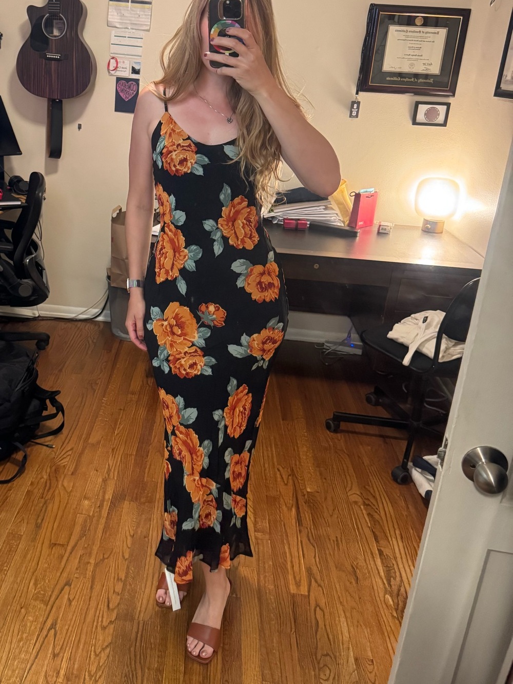 NWT Parma Dress Bias Floral Slip Maxi Dress Black Orange size small consuelo